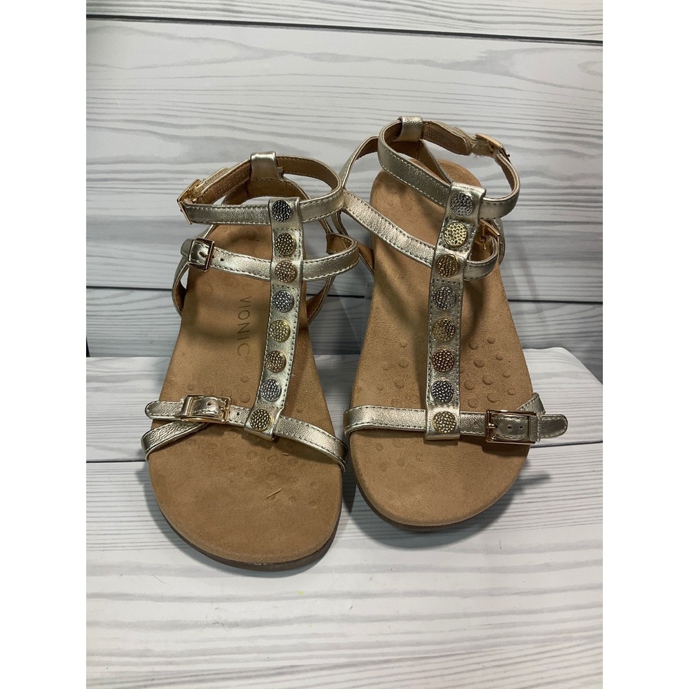 Vionic Amber Sandals Women 6 Gold Excellent Metallic Studded T-Strap Adjustable